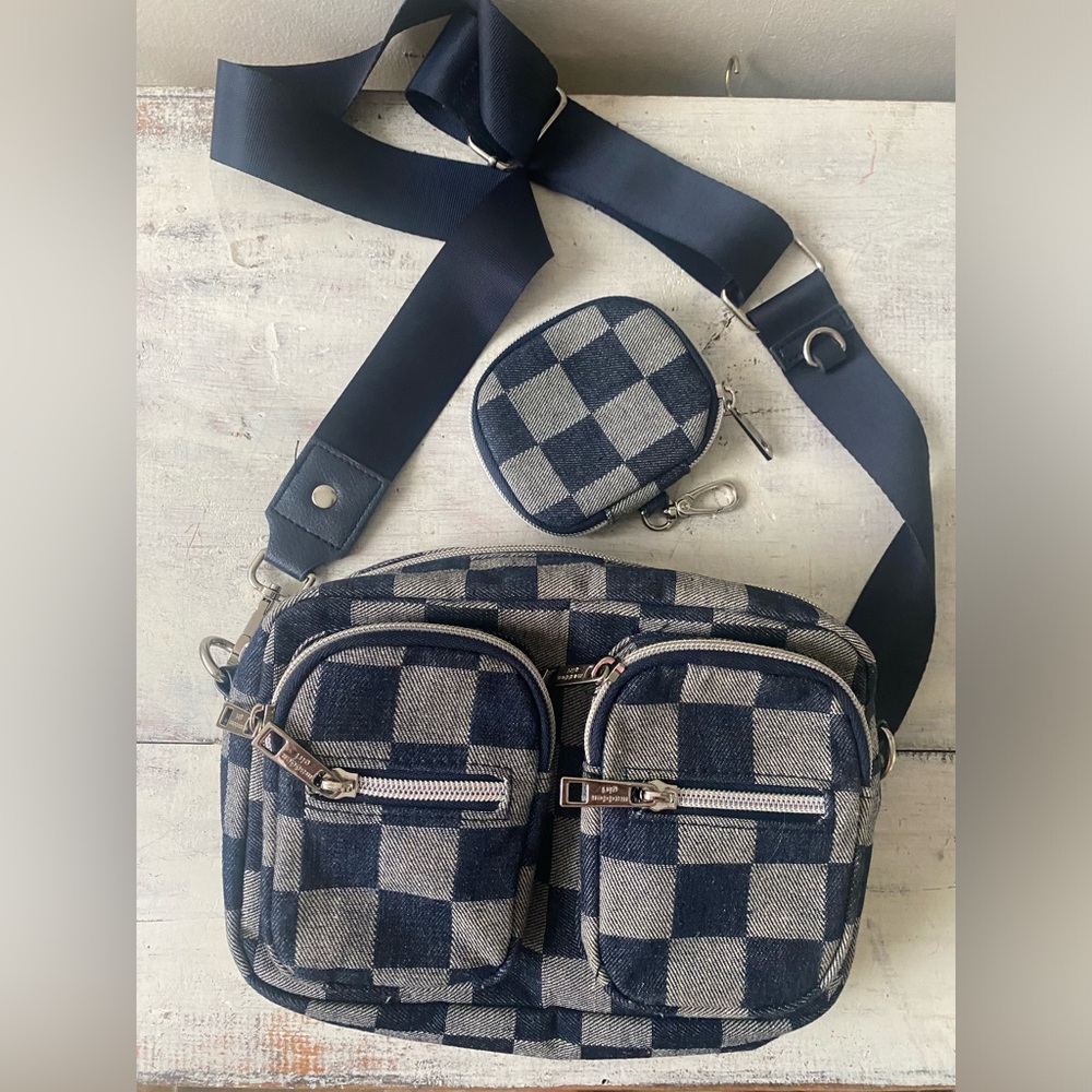 Madden Girl Checkered Blue and Gray Crossbody Bag Set
